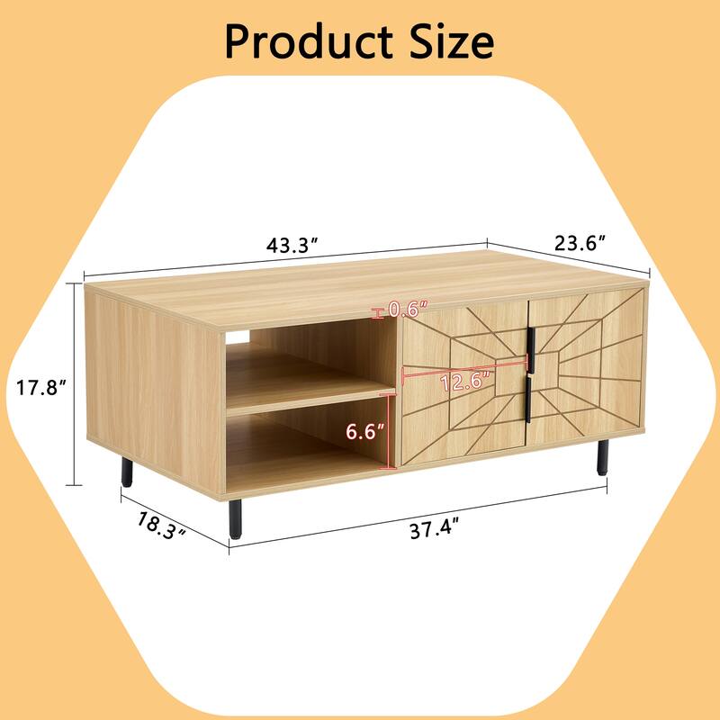Modern Spider Web Texture Coffee Table Natural Wood Tone Geometric Art Coffee Table with Open Shelves, for Living Room
