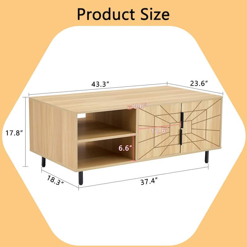 Spider Web Textured Coffee Table, Multi-functional Wooden Buffet Cabinet, Center Table with Open Shelves & Metal Legs