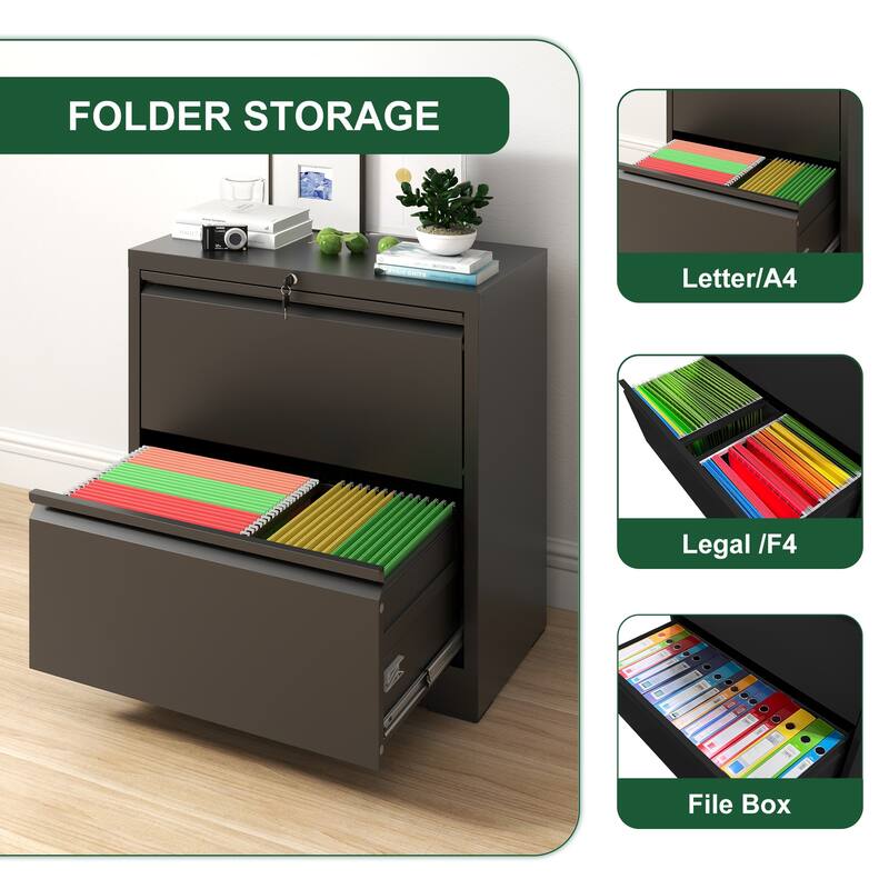Modern File Cabinet Lateral File Cabinet with 2 Drawers, Silent Slides and Locks, for Home Office, Black