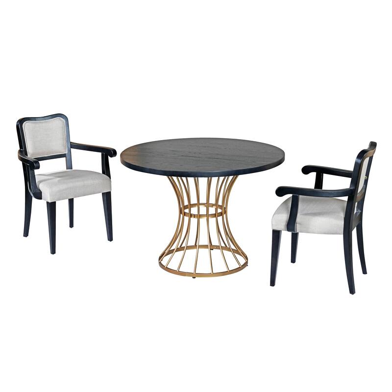 42" Round Dining Set -Solid Wood-Look Veneer Table +2 Upholstered Armchairs,Heavy-Duty Iron Pedestal Base,Space-Saving,3-Piece