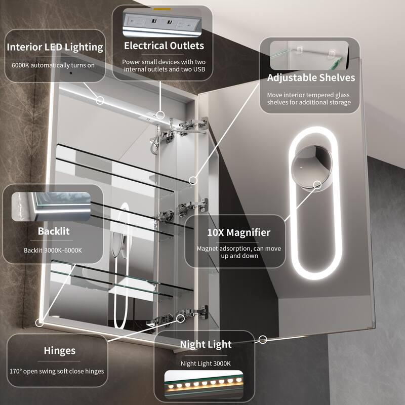 36'' H Recessed or Surface Mounted Bathroom LED Mirror Cabinet With Defogger, Dimmer, 10x magnifying