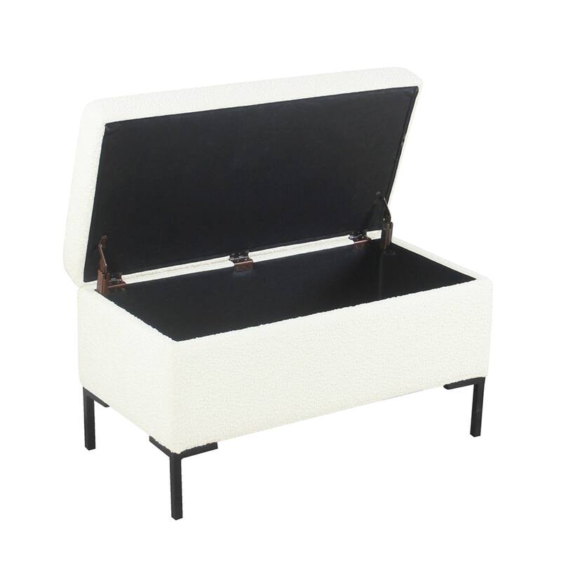 Ray Storage Bench Ottoman, Cream White Boucle, Metal Legs, 32 Inch