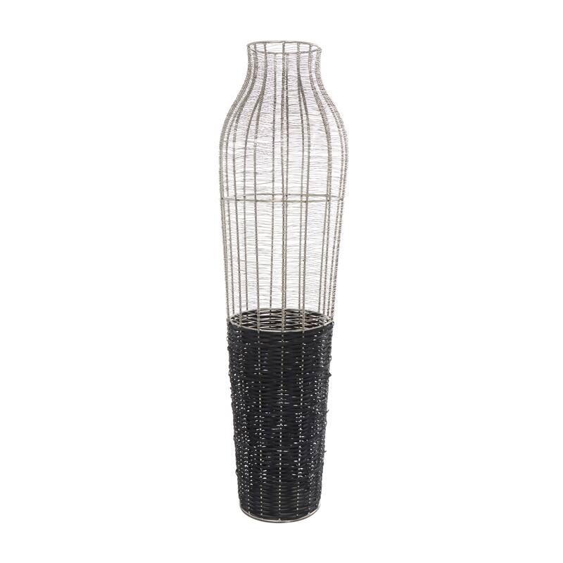 Silver Metal Tall Vase with Woven Black Rattan Base