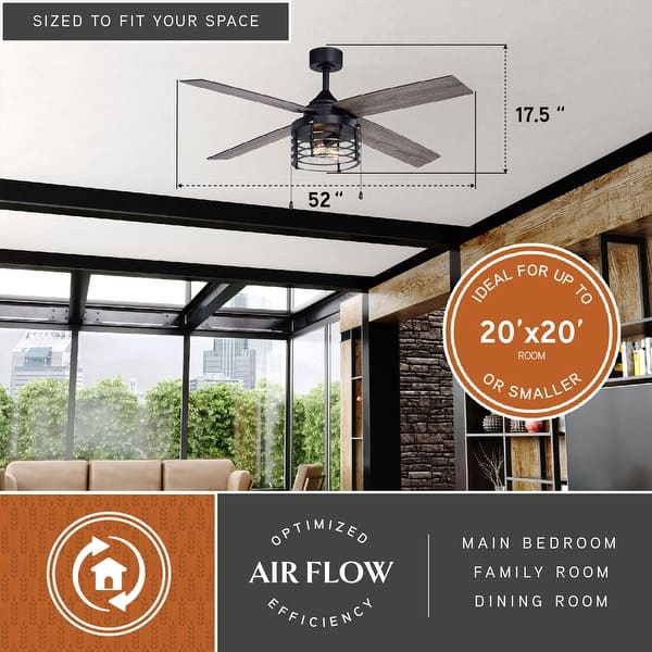 dimension image slide 1 of 2, Rowan 52 in. Black Ceiling Fan with Reversible Driftwood-Black Walnut Blades, LED Light Kit and Pull Chain, Wire Cage Drum Shade