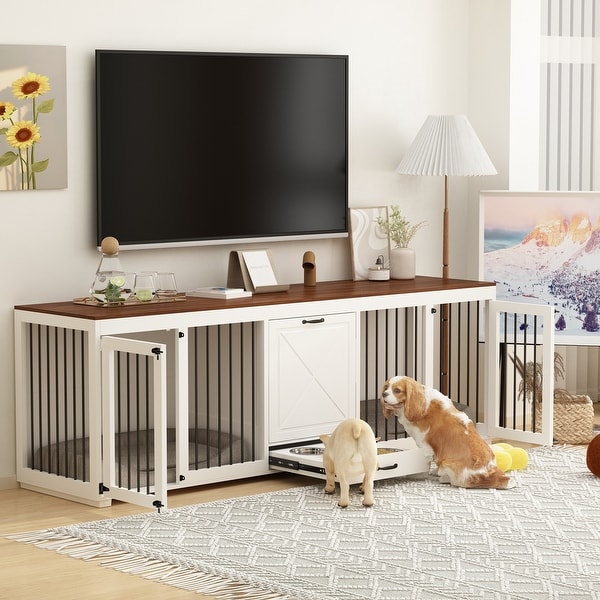 Sapphome Dog Crate Furniture Large Breed TV Stand with 2 Sliding Doors,Grey