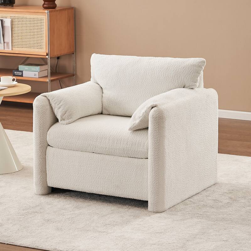 Fixed-Modern Accent Chair - Plush Chenille Single Seater in Ivory White - Multi-Color