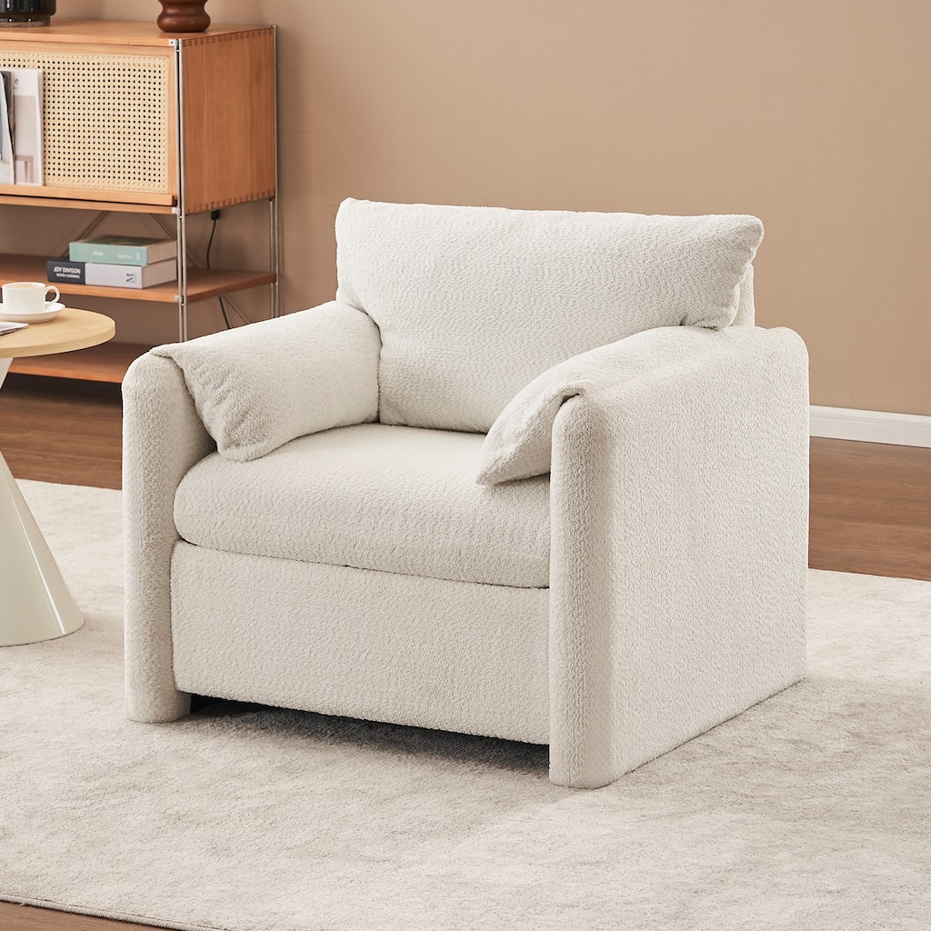 Fixed-Modern Accent Chair - Plush Chenille Single Seater in Ivory White