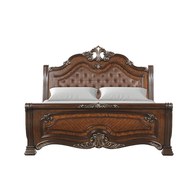 Ruth Queen Bed, Faux Leather Headboard with Burl Inlays, Mahogany Brown