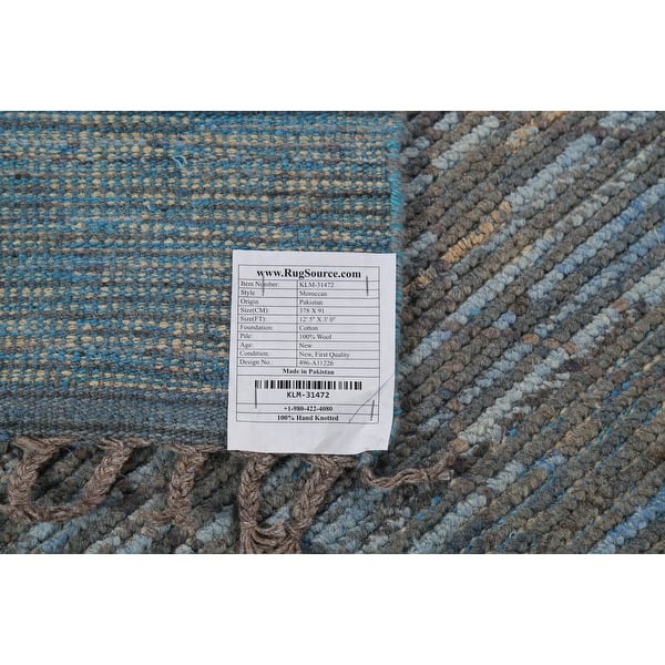 12' Blue And Gray Wool Striped Hand Knotted Runner Rug 12' Blue And Gray Wool Striped Hand Knotted Runner Rug