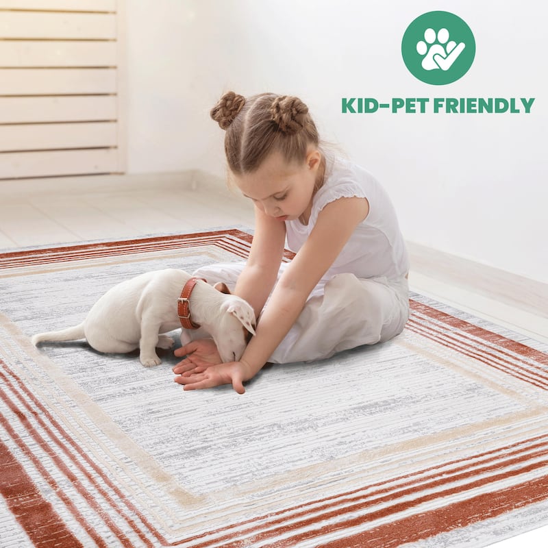 LOOM & LUXE Collection Brown/Ivory/Bordered Non-Shedding Area Rug