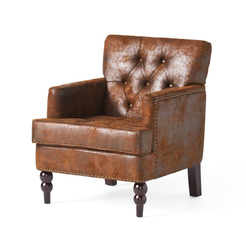 Modern 28" Upholstered Button Tufted Club Chair with Nailheads and Birch Wood Legs