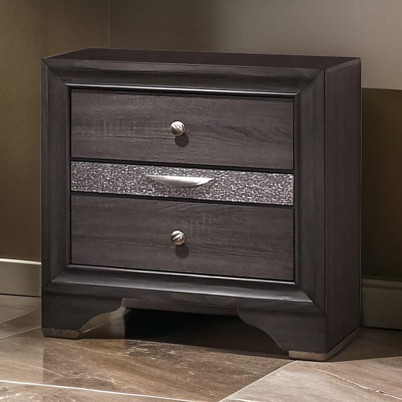 Wooden Nightstand with 2 Drawers and 1 Jewelry Drawer, Gray and Silver