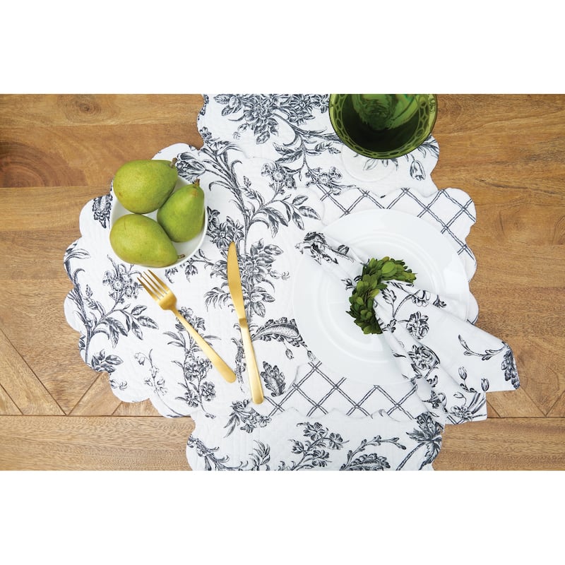 Bleighton Black Round Scalloped Edge Single Placemat Floral Flower Quilted, 17"