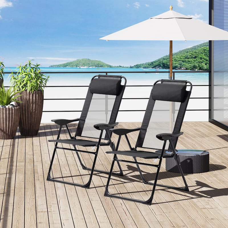 Folding Patio Chairs Set of 2, Outdoor Deck Chair with Adjustable Sling Back, Camping Chair with Removable Headrest for Garden