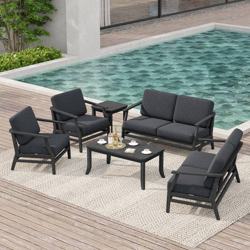Large Outdoor Conversation Set with Patio Chairs, Loveseat, Tables - Dark Wood - Dark Grey