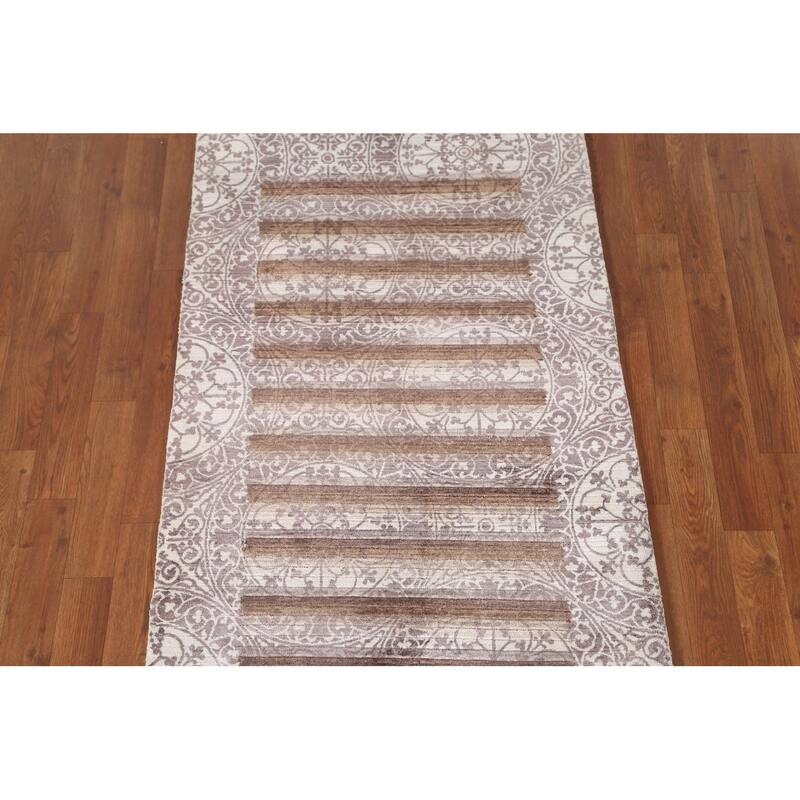 Striped Abstract Accent Rug Handmade Oriental Grey Wool Carpet - 2'10"x 4'6"