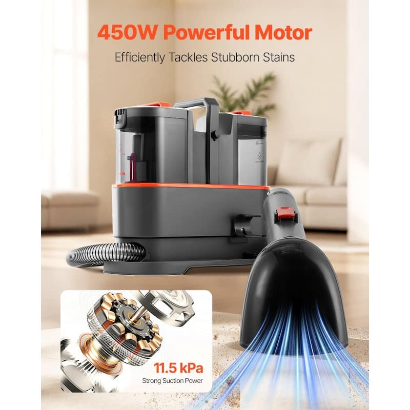 Portable Carpet Cleaner Machine with Powerful 450W Suction and Dual Tank Crevice Tool - 15.16” x 7.48” x 12.91”