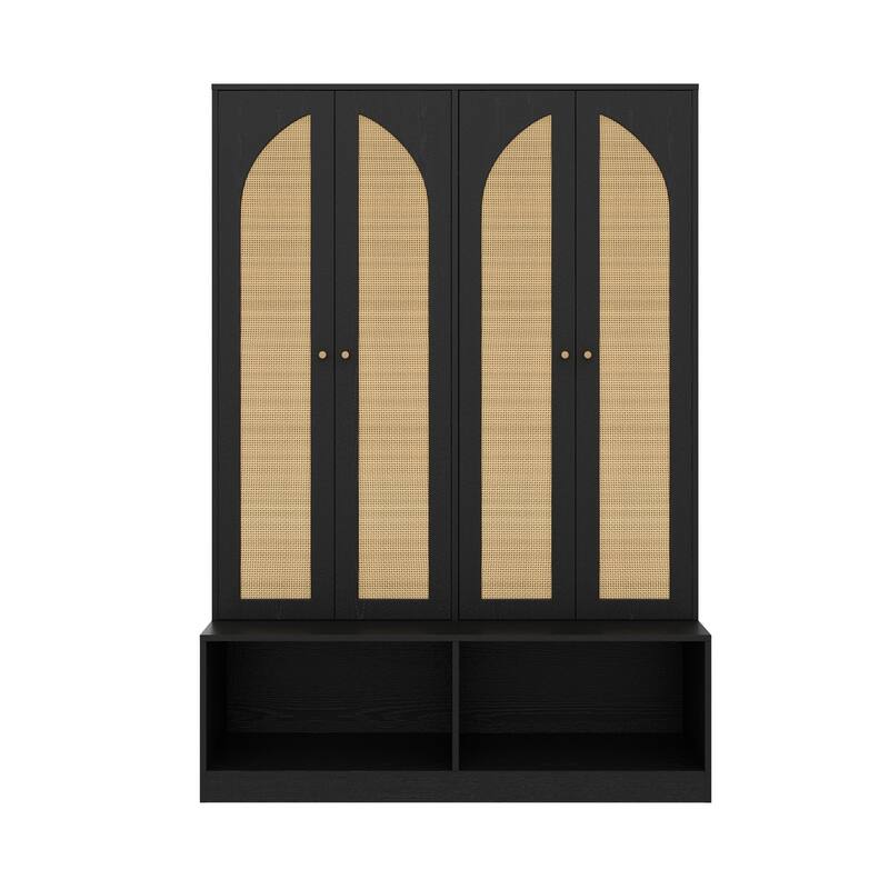 Farmhouse Widen Hall Tree With 4 Rattan Doors, Versatile 4-In-1 Seating Bench With 6 Hooks,Shoe Cabinet With Adjustable Shelf