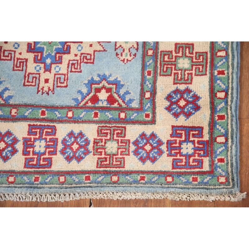 Hand Knotted Oriental 100% Wool Carpet Traditional Geometric Navy Blue & Blues Kazak Runner Rug - 6' 6'' X 2' 9''