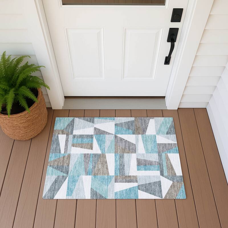 Machine Washable Indoor/ Outdoor Contemporry Mosaic Chantille Rug - Teal - 1'8" x 2'6"