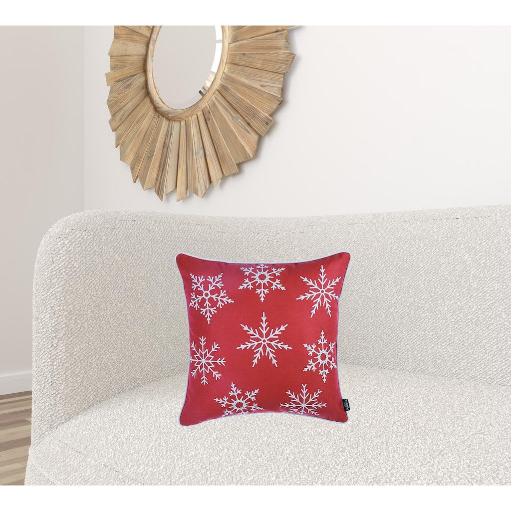 HomeRoots Set Of Four 18" X 18" Red Zippered Polyester Christmas Snowflakes Throw Pillow