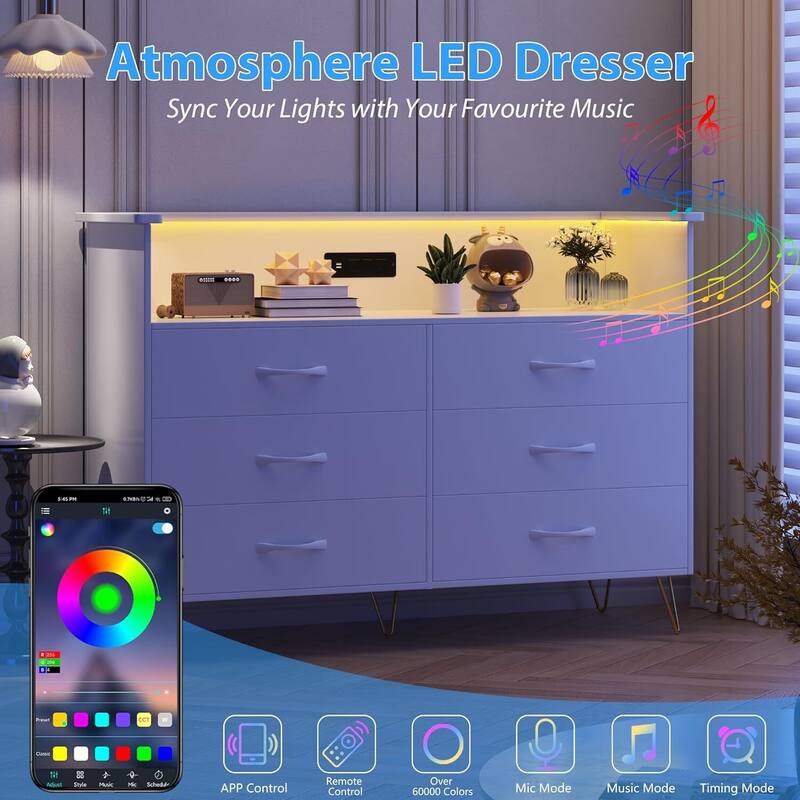 Takywep Black Dresser with LED Light for Bedroom 6 Drawer