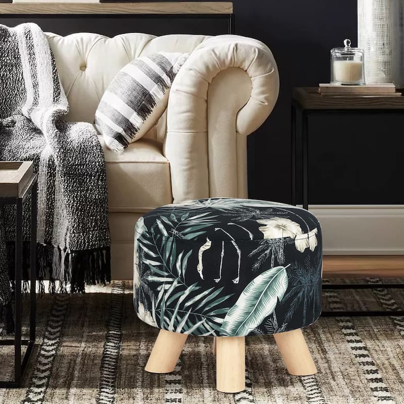 Adeco Modern Round Ottoman Foot Rest Footstool Velvet Fabric Padded - Floral - Small