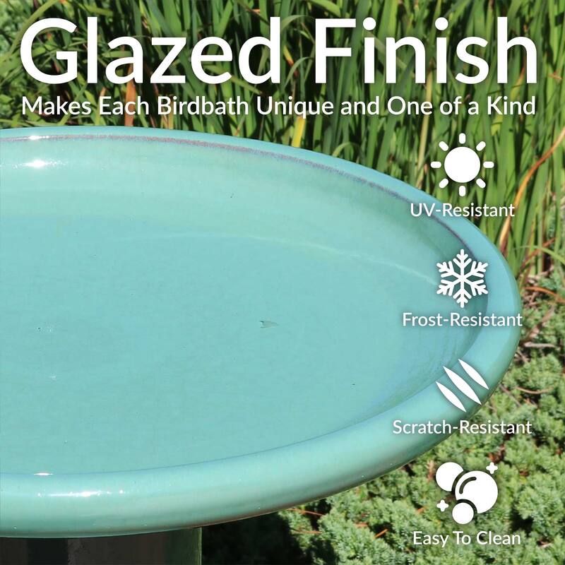 Sunnydaze Glazed Ceramic Outdoor Bird Bath - UV/Frost Resistant