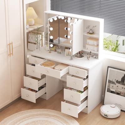 Luxurious LED Makeup Vanity with 9 Drawers Elegant Makeup Station