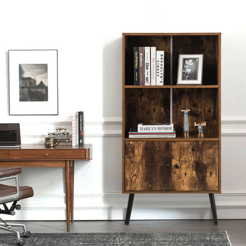Gymax 2-Tier Retro Bookcase Bookshelf w/3 Compartment&2 Doors - See Details