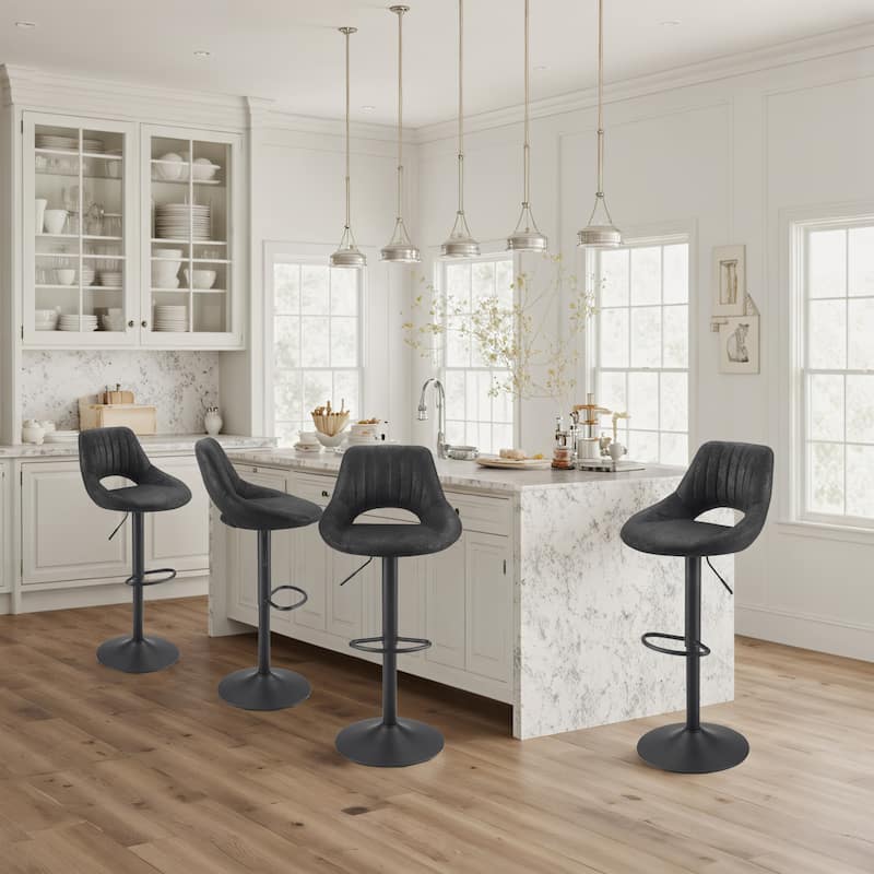 Art Leon Modern Adjustable 360 Swivel Barstool with Retro Faux Leather - Set of 4 - Black