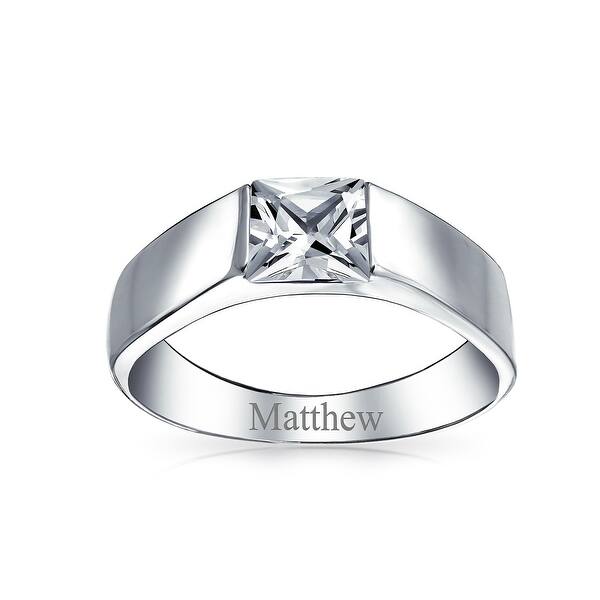 Princess Cut Men's Sterling Silver Wedding Band Engagement Ring with CZ 
