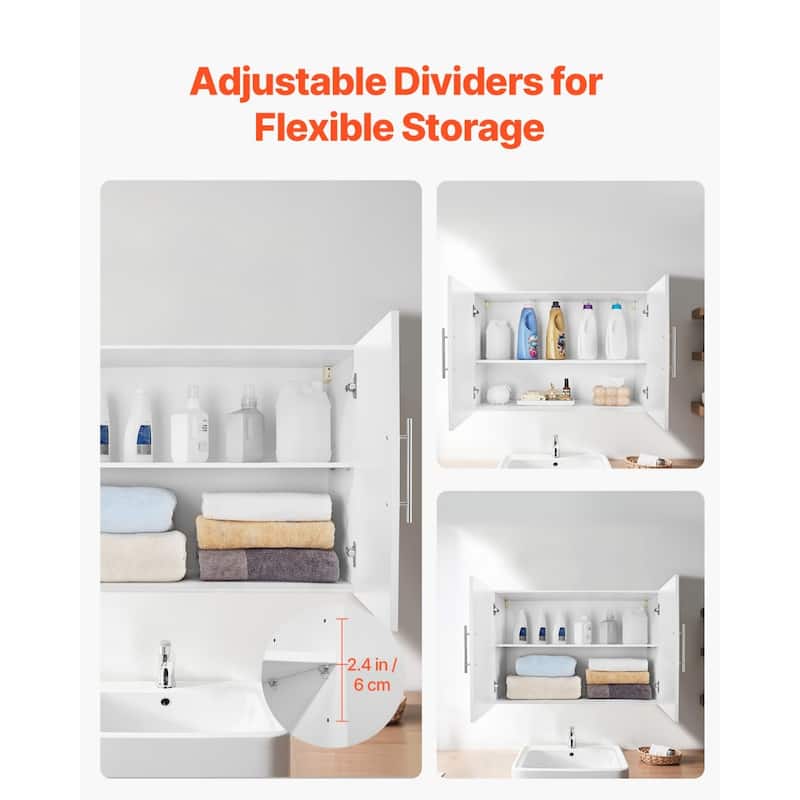 White Wall Cabinet with Adjustable Shelves and 2-Door Laundry Room Storage for Bathroom or Kitchen - 16" x 36" x 24"