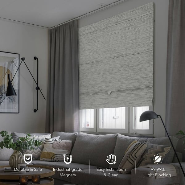 slide 2 of 7, GoDear Design 99.99% Blackout Magnetic Roman Shades, No Drill Cordless Woven Fabric Blinds-Multiple Widths Available, Ivory Ivory-23''W