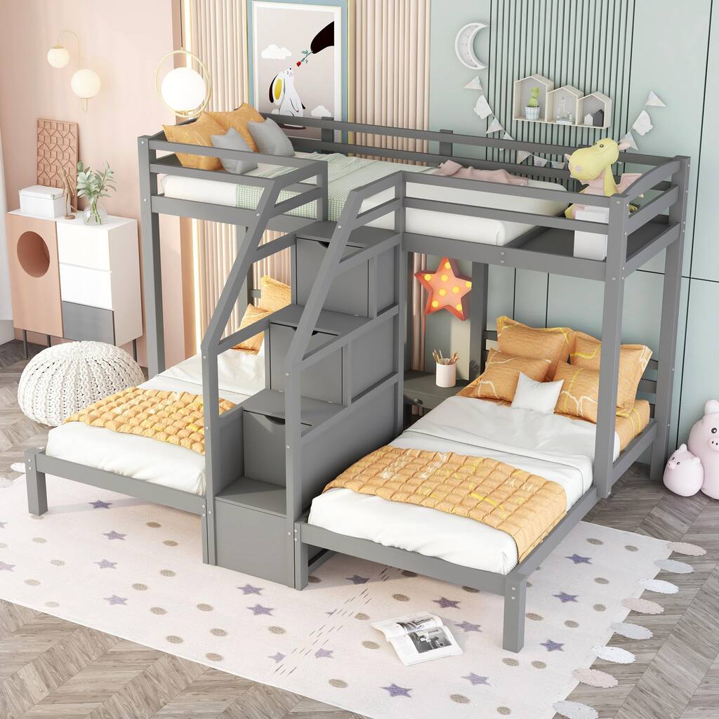 Twin over Twin & Twin Bunk Bed Built-in Storage Staircase, Drawer