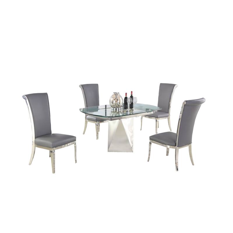 Somette Ariela 5-Piece Dining Set with Motion-Extendable Glass Table and Gray Chairs