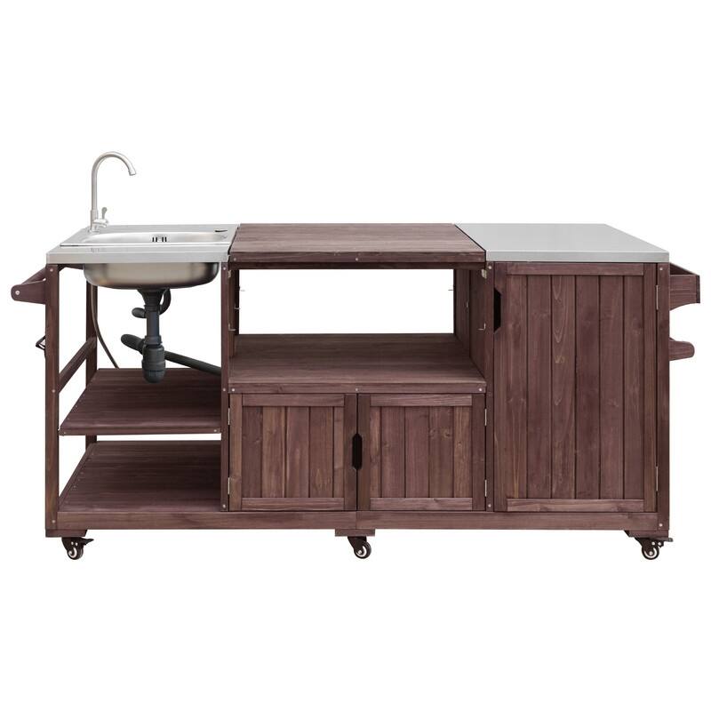 75.4" Rolling Outdoor Kitchen Island with Stainless Steel Top, Premium Solid Wood Grill Cart with Sink and Wheels for Outdoor - Brown