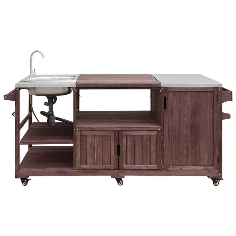 75.4" Rolling Outdoor Kitchen Island with Stainless Steel Top, Premium Solid Wood Grill Cart with Sink and Wheels for Outdoor