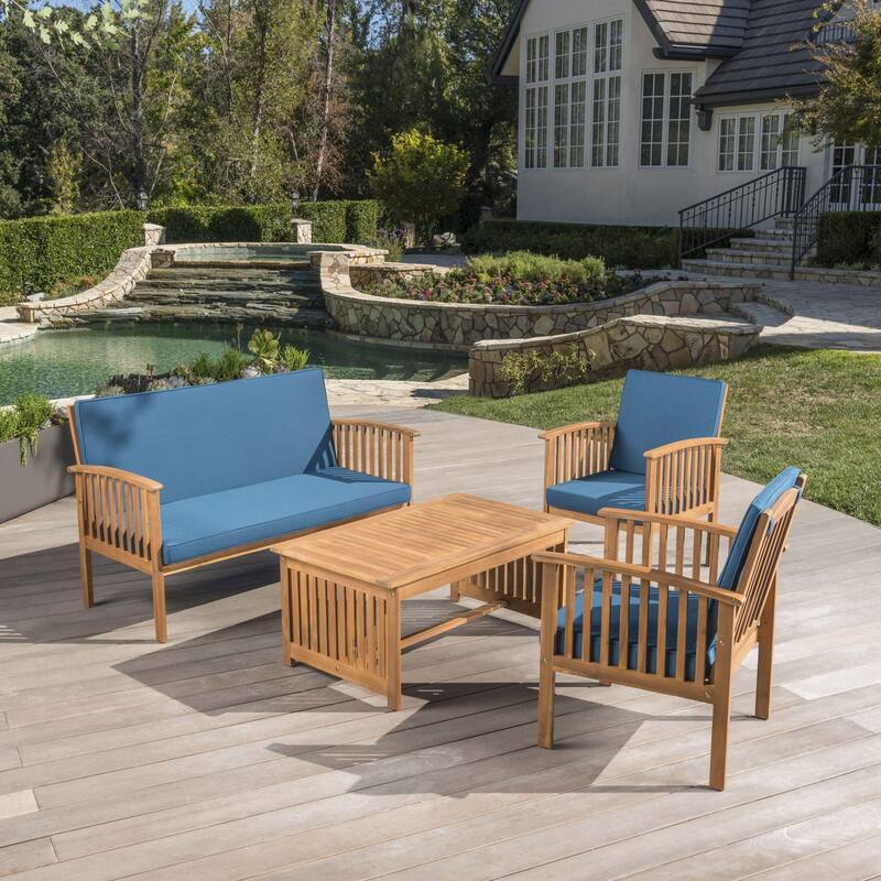 Outdoor Acacia Wood Sofa Set with Water Resistant Cushions, 4-Pcs Set, Brown Patina / Teal Blue