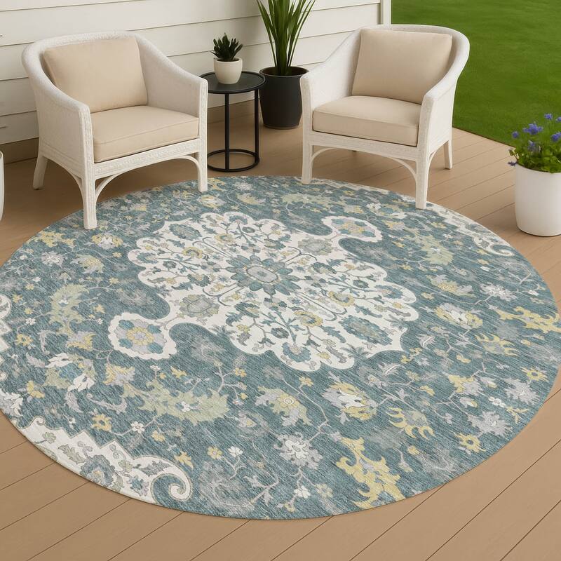 Machine Washable Indoor/ Outdoor Traditional Indore Chantille Rug - Teal - 8' x 8'