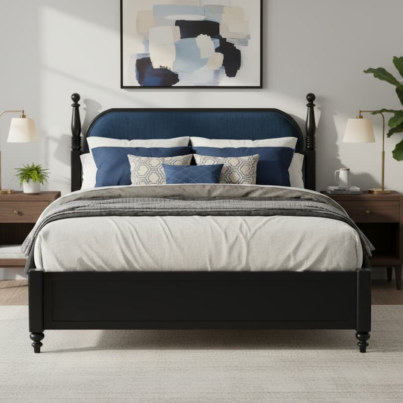 Christopher Knight Home - Alderwick Modern Upholstered Headboard Wood Low-Profile Platform Bed with Slatted Support - Black+Navy Blue - Queen
