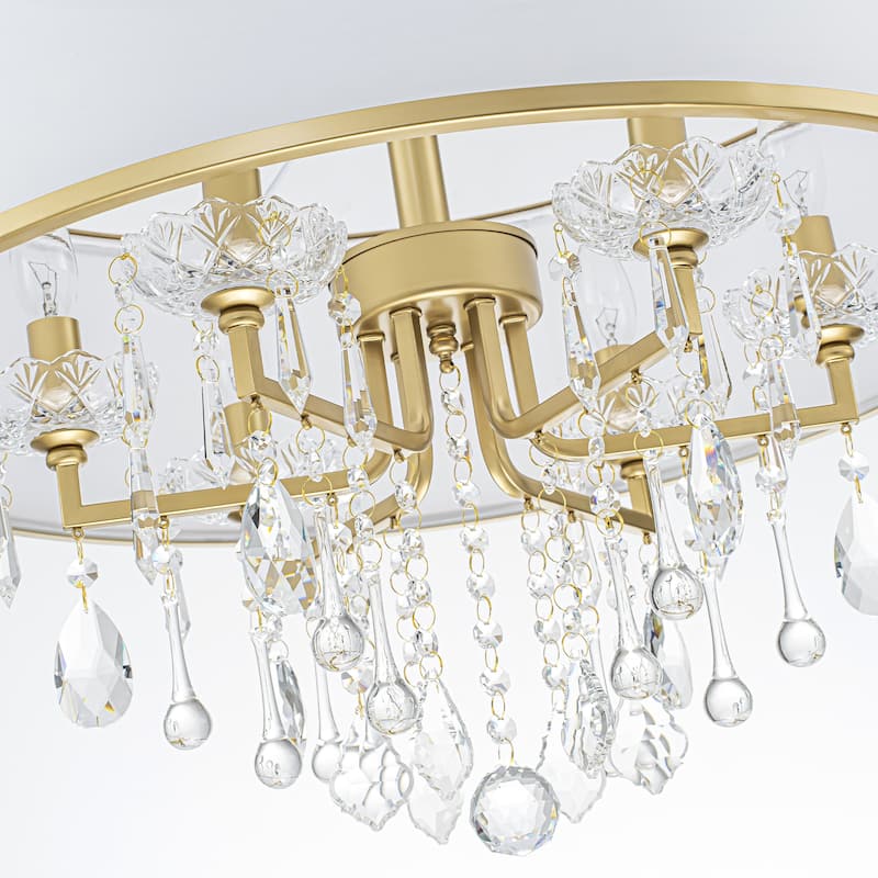 6-Light Modern Elegant Gold Drum Fabric Shade Adjustable Height with Crystal Accent Chandelier for Dining Room & Bedroom