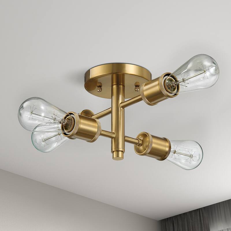 Raleni Retro 4-Light Semi-Flush Mount Ceiling Fixture - Gold Brass