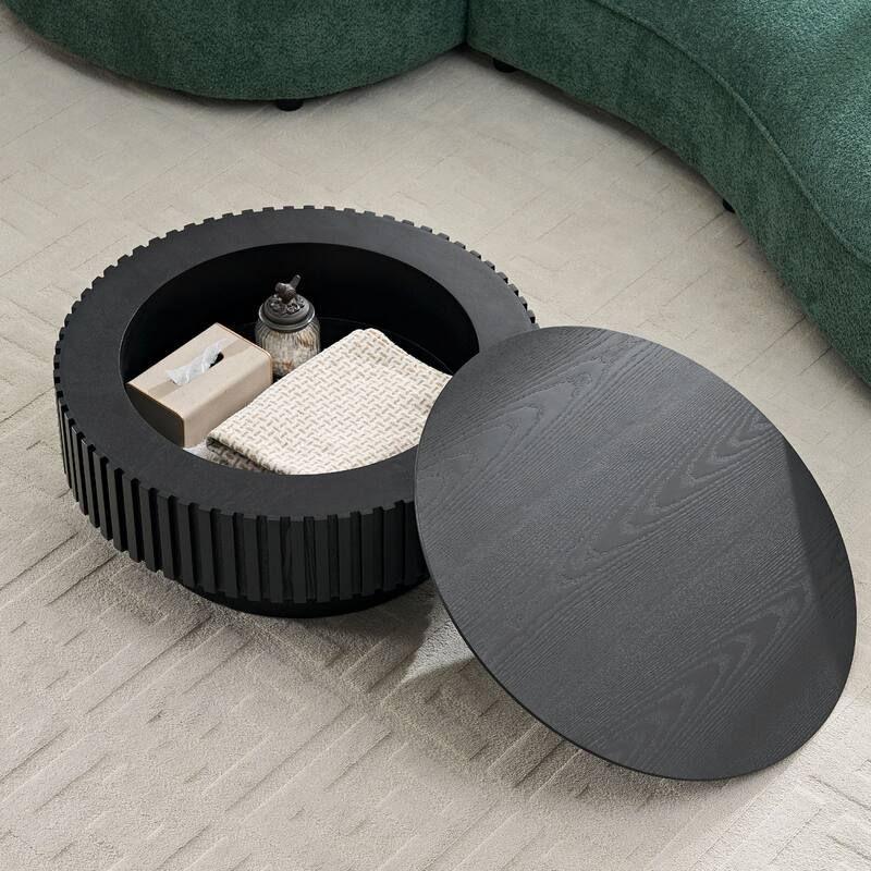 31.49'' Nesting Handcraft Drum Coffee Table with Storage - Black