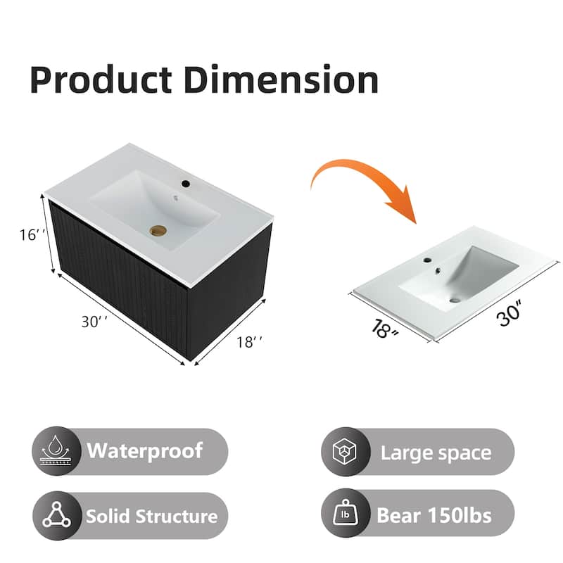 30 Inch Wall Mounted Bathroom Vanity with Ceramic Sink, Floating Cabinet with Drawers, Modern Fluted Design