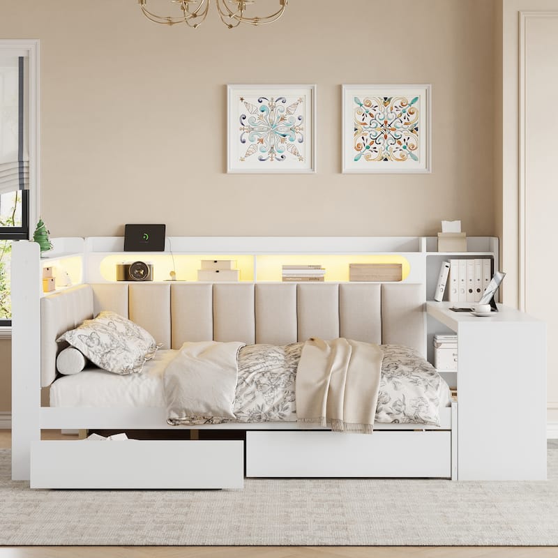Full Daybed with Storage Shelves Built-in Charging Station LED Light, L-shape Upholstered Sofa Bed with 2 Drawers, Cabinet, Desk