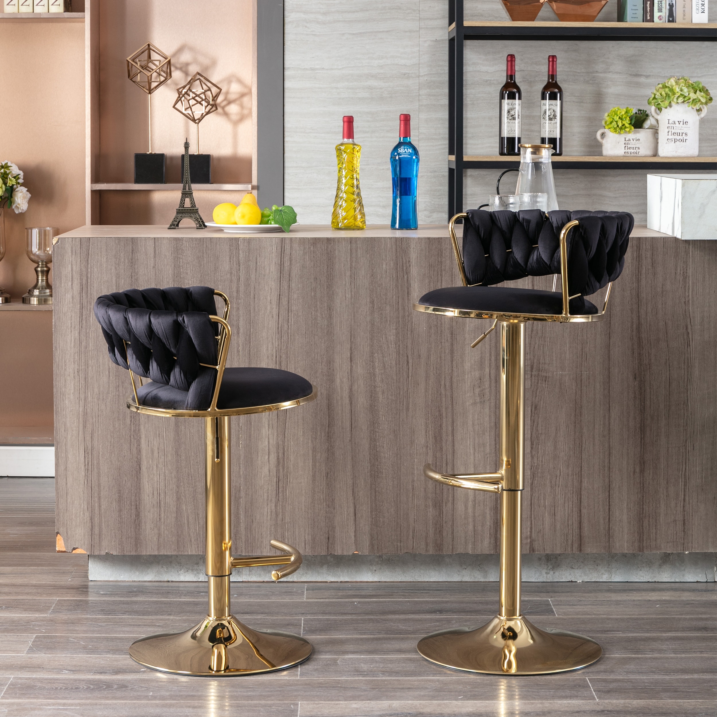 Bar Stools with Chrome Footrest and Base Swivel, Height Adjustable, Mechanical Lifting, Velvet+Golden Leg Bar Stool, Set of 2