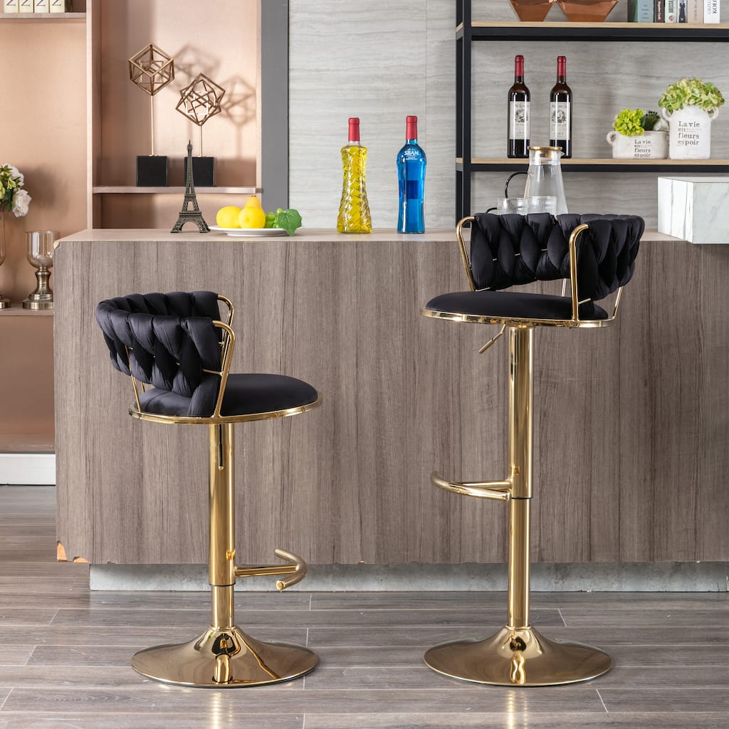 Set of 2 Adjustable Swivel Bar Stools, Black Velvet with Chrome Footrest & Gold Legs