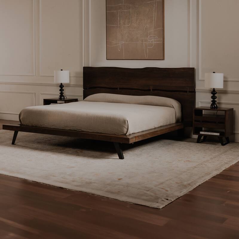 NADAAL STUDIOS Sterling Brown Solid Acacia Queen Platform Bed with Organic Edge Headboard and Steel Legs