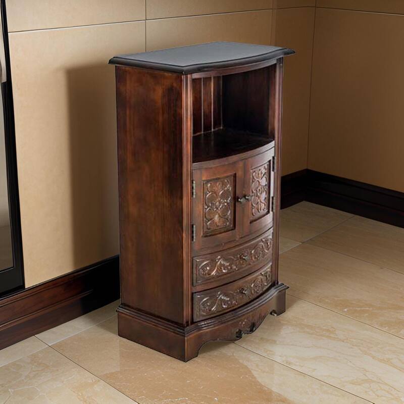 Engraved Wooden Frame Storage Cabinet with 2 Drawers and 2 Doors, Brown